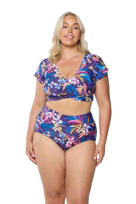 Flattering Majorca high-waisted bikini bottoms with full coverage and supportive lining, designed to accentuate the waist and provide comfort.

