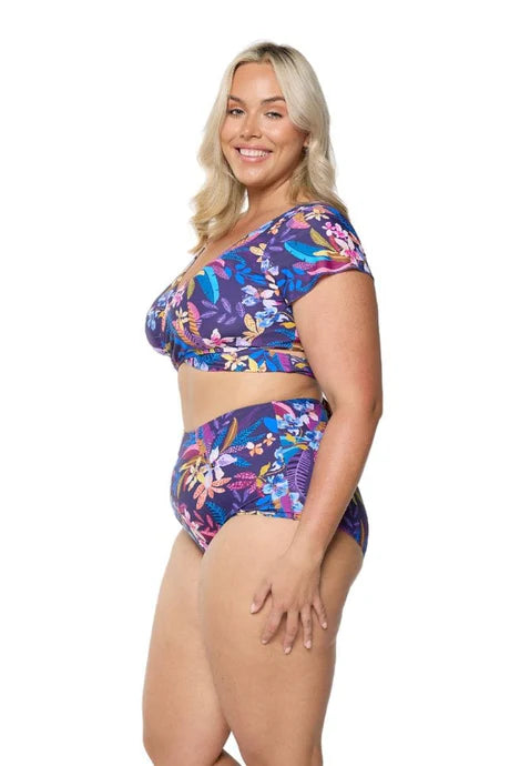 Flattering Majorca high-waisted bikini bottoms with full coverage and supportive lining, designed to accentuate the waist and provide comfort.
