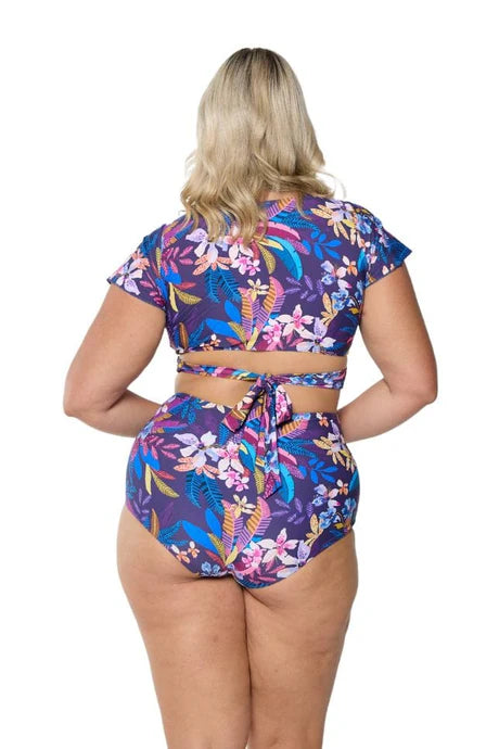 Flattering Majorca high-waisted bikini bottoms with full coverage and supportive lining, designed to accentuate the waist and provide comfort.
