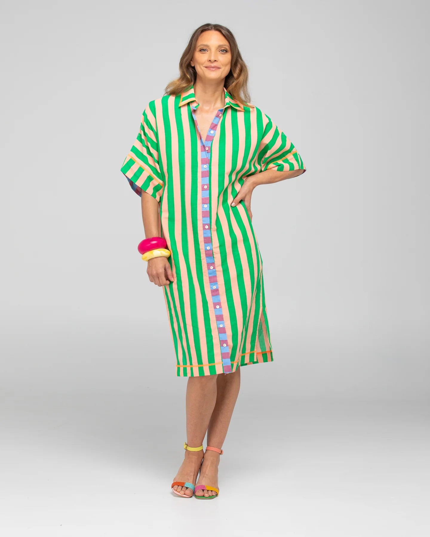 Boom Shankar Maui Shirt Dress in Capri Peach, featuring a belted waist, button-down front, structured collar, and adjustable sleeves.