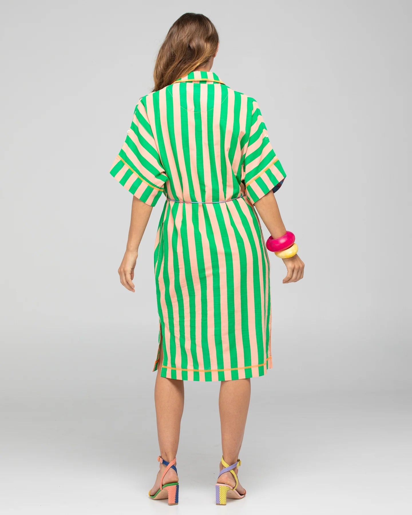 Boom Shankar Maui Shirt Dress in Capri Peach, featuring a belted waist, button-down front, structured collar, and adjustable sleeves.