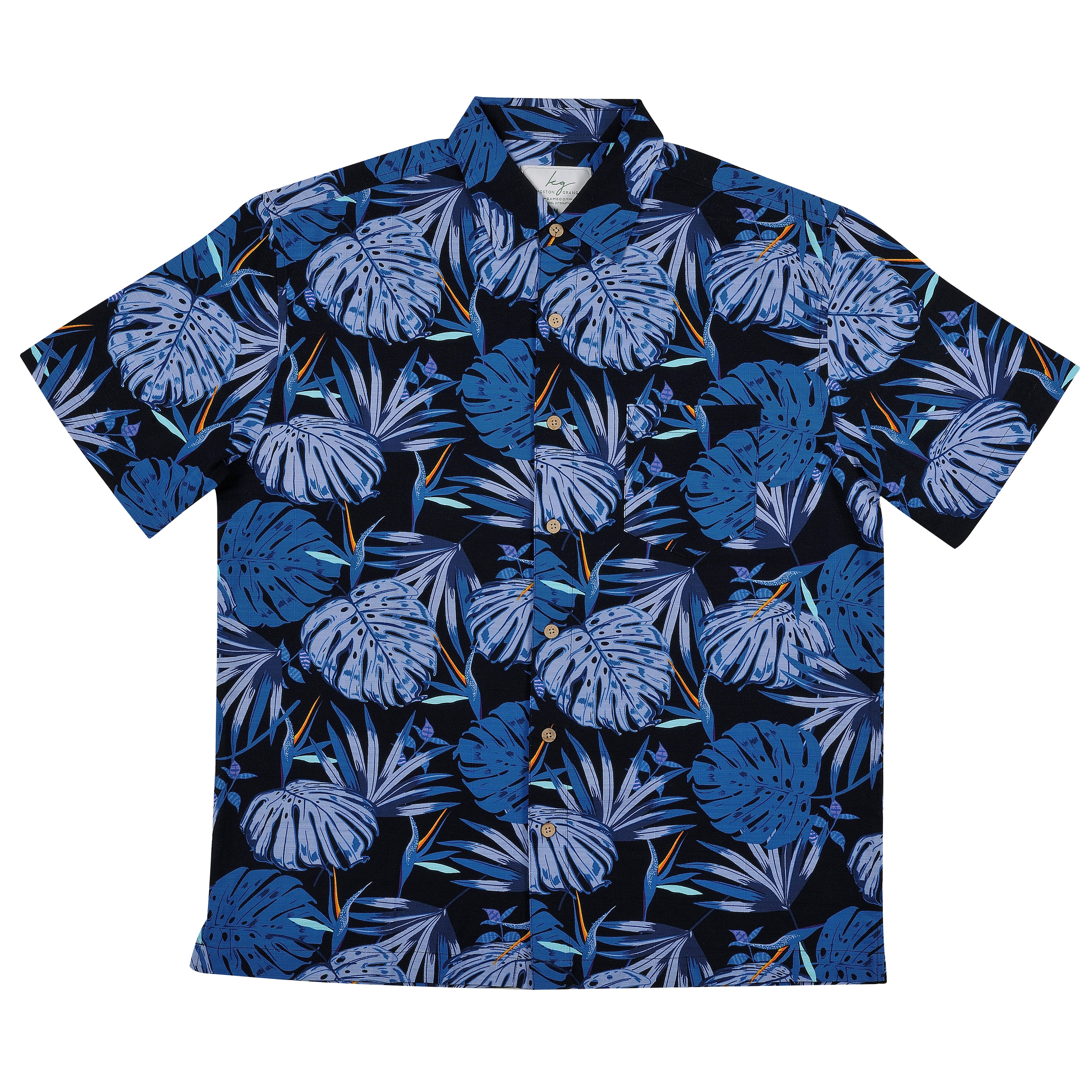 Men’s Short Sleeve Bamboo Shirt – Midnight Palms, crafted from organically grown bamboo with a loose fit, chest pocket, and coconut-shell look buttons.