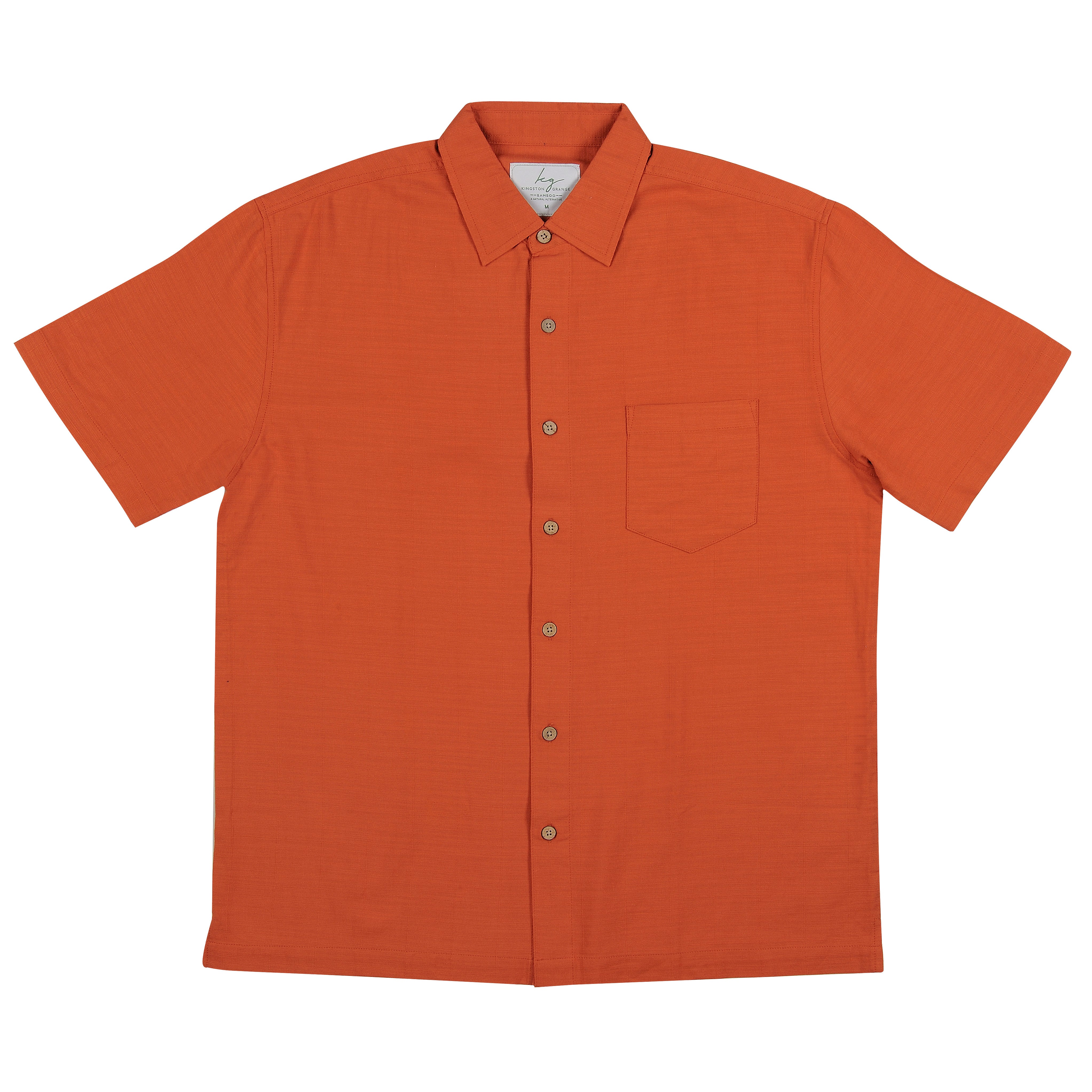 Men’s Short Sleeve Bamboo Shirt – Ochre, crafted from organically grown bamboo with a loose fit, chest pocket, and coconut-shell look buttons.