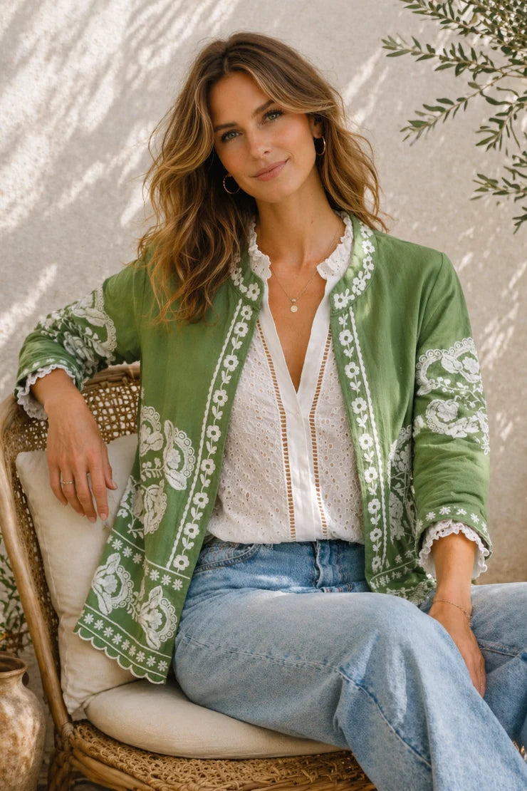 Olivine Jacket in 100% premium linen featuring detailed floral embroidery and a relaxed, lightweight style.