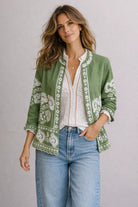 Olivine Jacket in 100% premium linen featuring detailed floral embroidery and a relaxed, lightweight style.