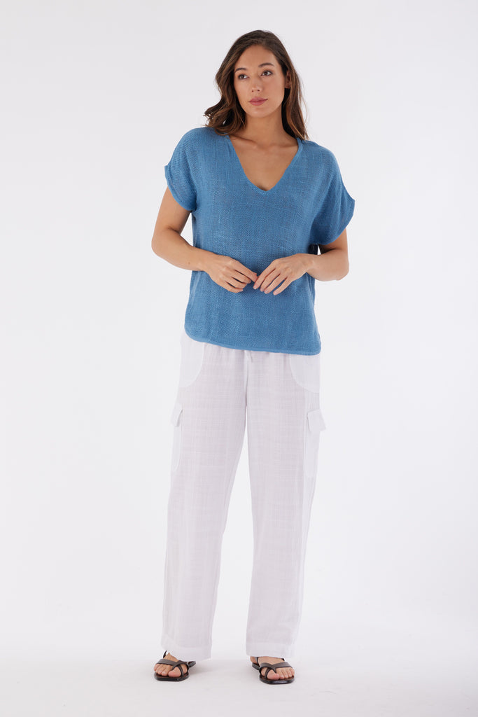 Paris Hessian V Neck Top French Blue by Carbon the Label is currently available at Rawspice Boutique, South West Rocks.
