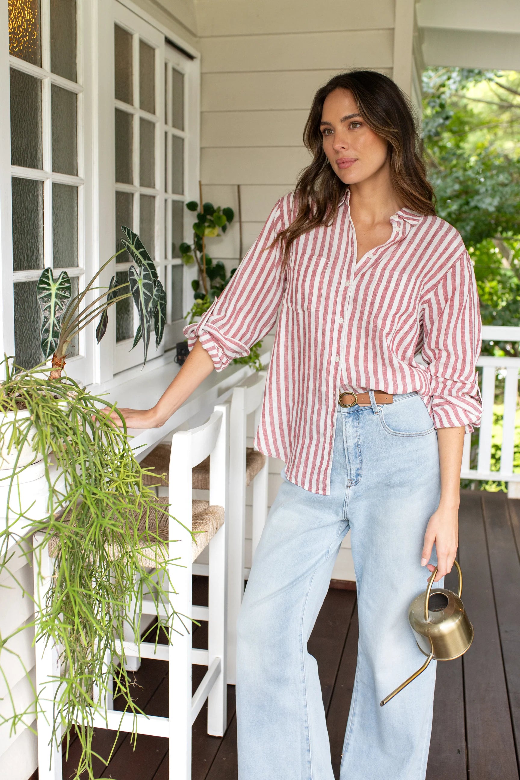 Boyfriend linen shirt in rhubarb stripe, designed with a relaxed fit, French seams, tab sleeves, and a flattering scoop hem. Crafted for comfort and effortless style.