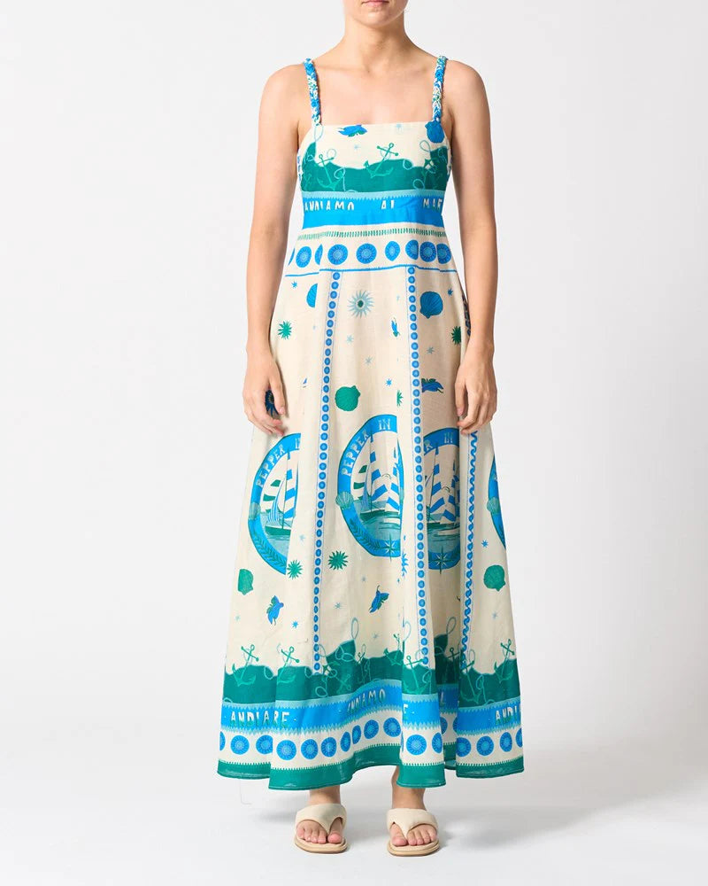 Sardinia Dress in Andiamo by Walnut Melbourne featuring braided straps, an exclusive print, and a 100% cotton A-line silhouette with side pockets.