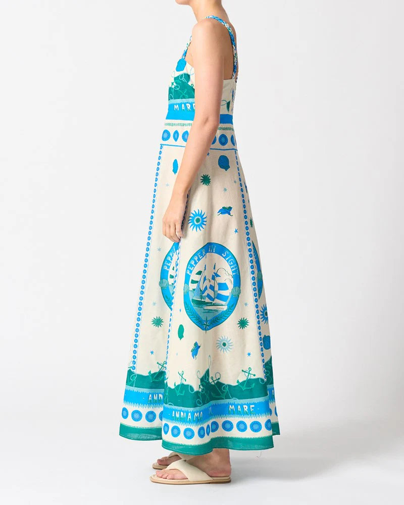 Sardinia Dress in Andiamo by Walnut Melbourne featuring braided straps, an exclusive print, and a 100% cotton A-line silhouette with side pockets.