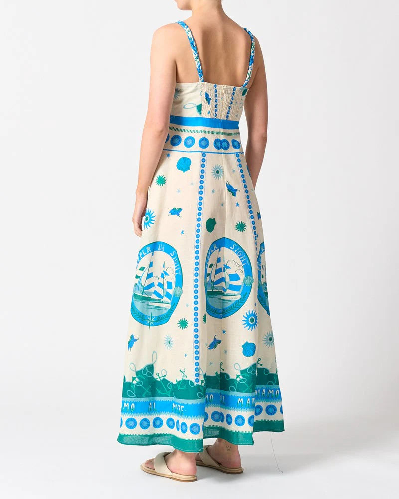 Sardinia Dress in Andiamo by Walnut Melbourne featuring braided straps, an exclusive print, and a 100% cotton A-line silhouette with side pockets.