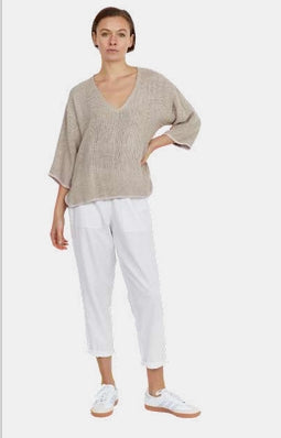 Estelle Hessian V Neck Top in cinnamon with 3/4 sleeves, V-neckline and scalloped hemline in textured handwoven cotton rayon fabric.