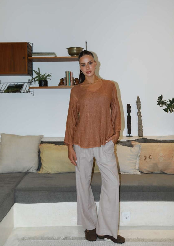Estelle Hessian V Neck Top in toffee with 3/4 sleeves, V-neckline and scalloped hemline in textured handwoven cotton rayon fabric.