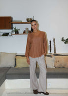 Estelle Hessian V Neck Top in toffee with 3/4 sleeves, V-neckline and scalloped hemline in textured handwoven cotton rayon fabric.