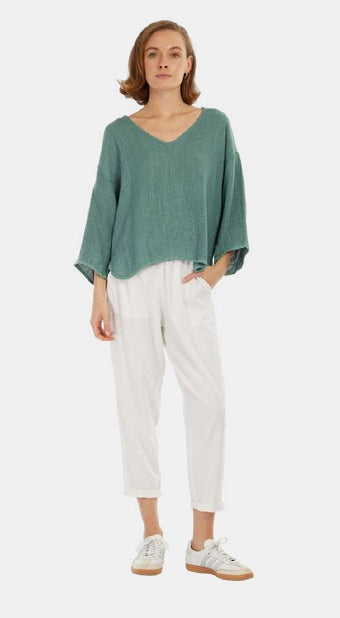 Estelle Hessian V Neck Top in sage leaf green with 3/4 sleeves, V-neckline and scalloped hemline in textured handwoven cotton rayon fabric.