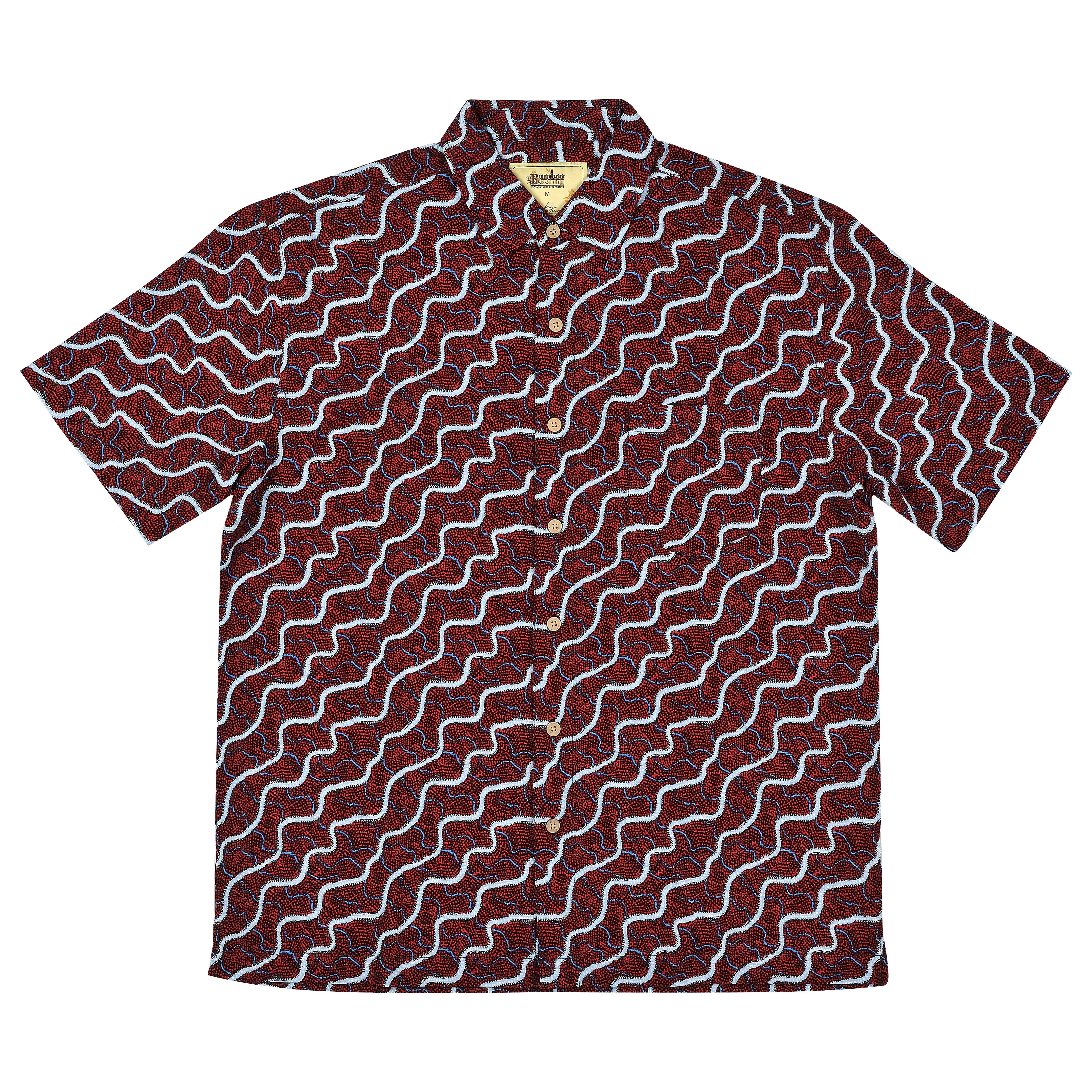 Men’s Short Sleeve Bamboo Shirt – Snake Dreaming, crafted from organically grown bamboo with a loose fit, chest pocket, and coconut-shell look buttons.