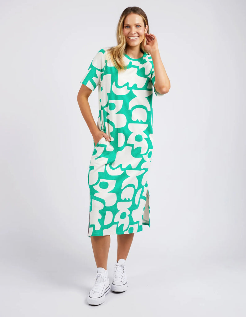 Micro Tee Dress Bottle Green by Elm is currently available at Rawspice Boutique, South West Rocks.