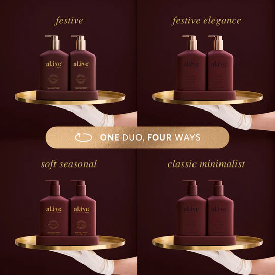 Transformative Duo – Sweet Plum & Berries featuring Wash and Lotion with interchangeable bronze and mulberry pumps, double-sided festive and classic bottles.
