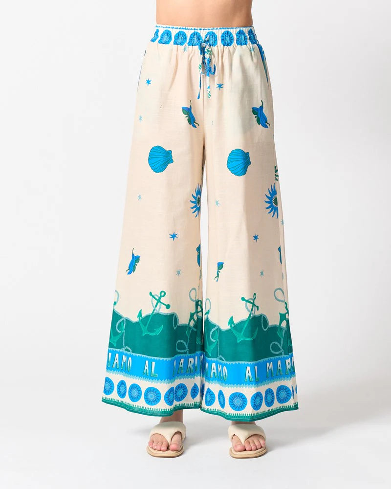 Vermont Pant in Andiamo with a wide-leg silhouette, elastic waistband, side seam pockets, and an exclusive Walnut Melbourne print in 100% cotton.
