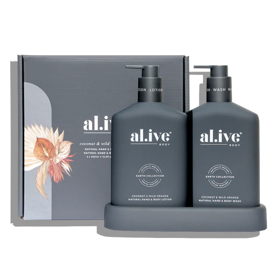 al.ive body Wash & Lotion Duo – Coconut & Wild Orange featuring 500ml hand & body wash, 500ml hand & body lotion, and matching tray in a sleek design.
