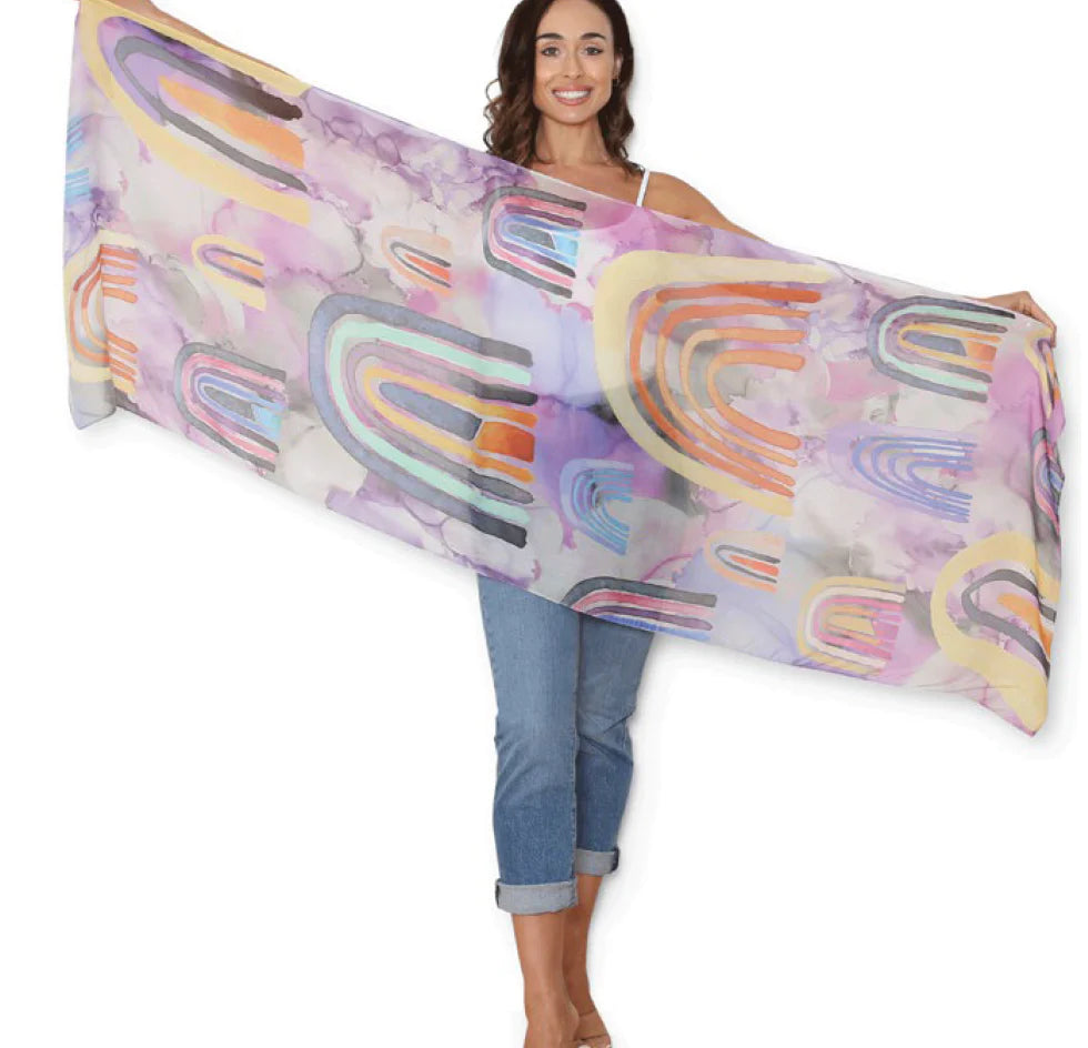Whimsical Rainbows Scarf by The Artists Label is currently available from Rawspice Boutique, South West Rocks.