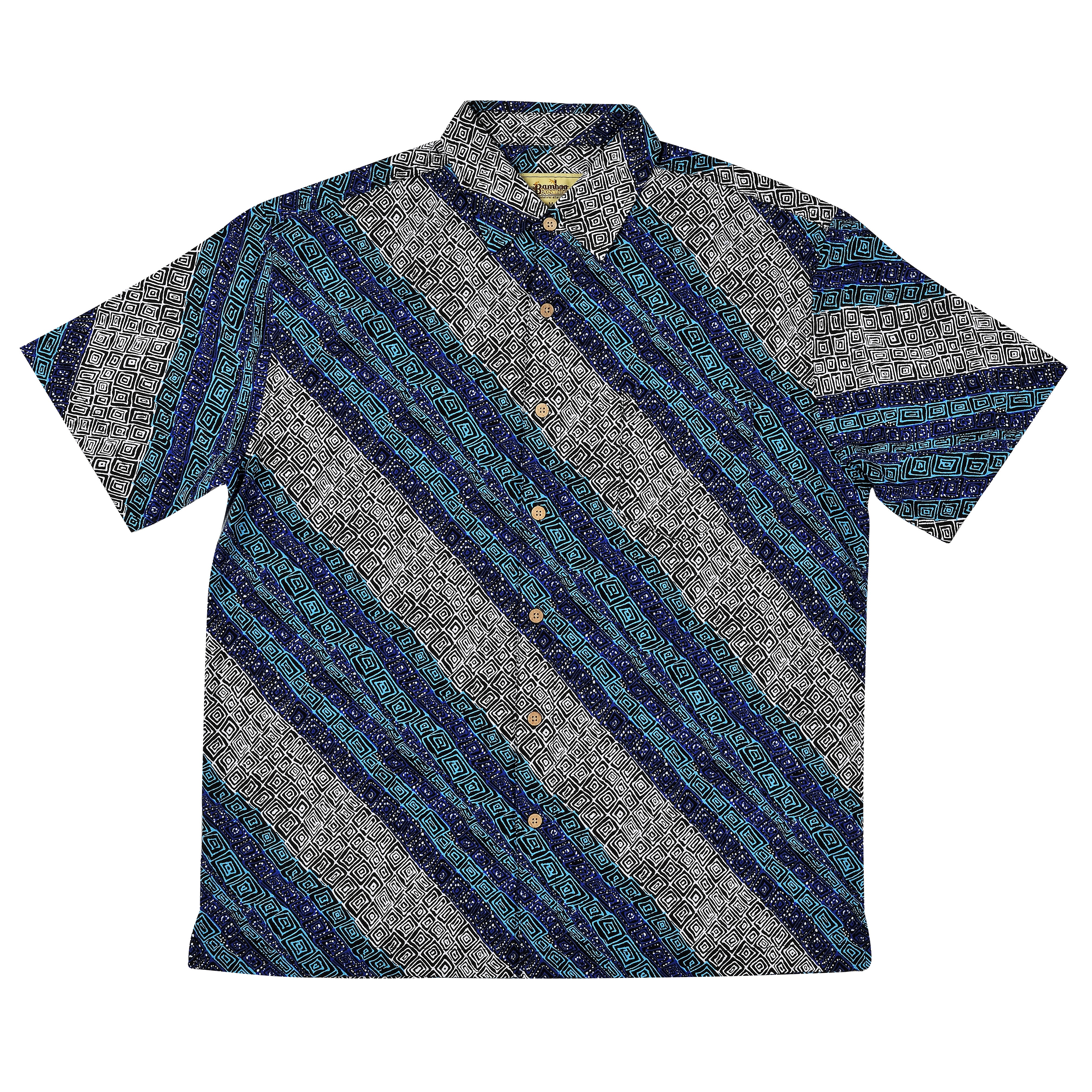Mens Short Sleeve  Bamboo Shirt – Yuendumu, crafted from organically grown bamboo with a loose fit, chest pocket, and coconut-shell look buttons.