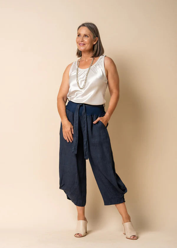 The Navy Addison Linen Pants by Imagine Fashion are currently available at Rawspice Boutique