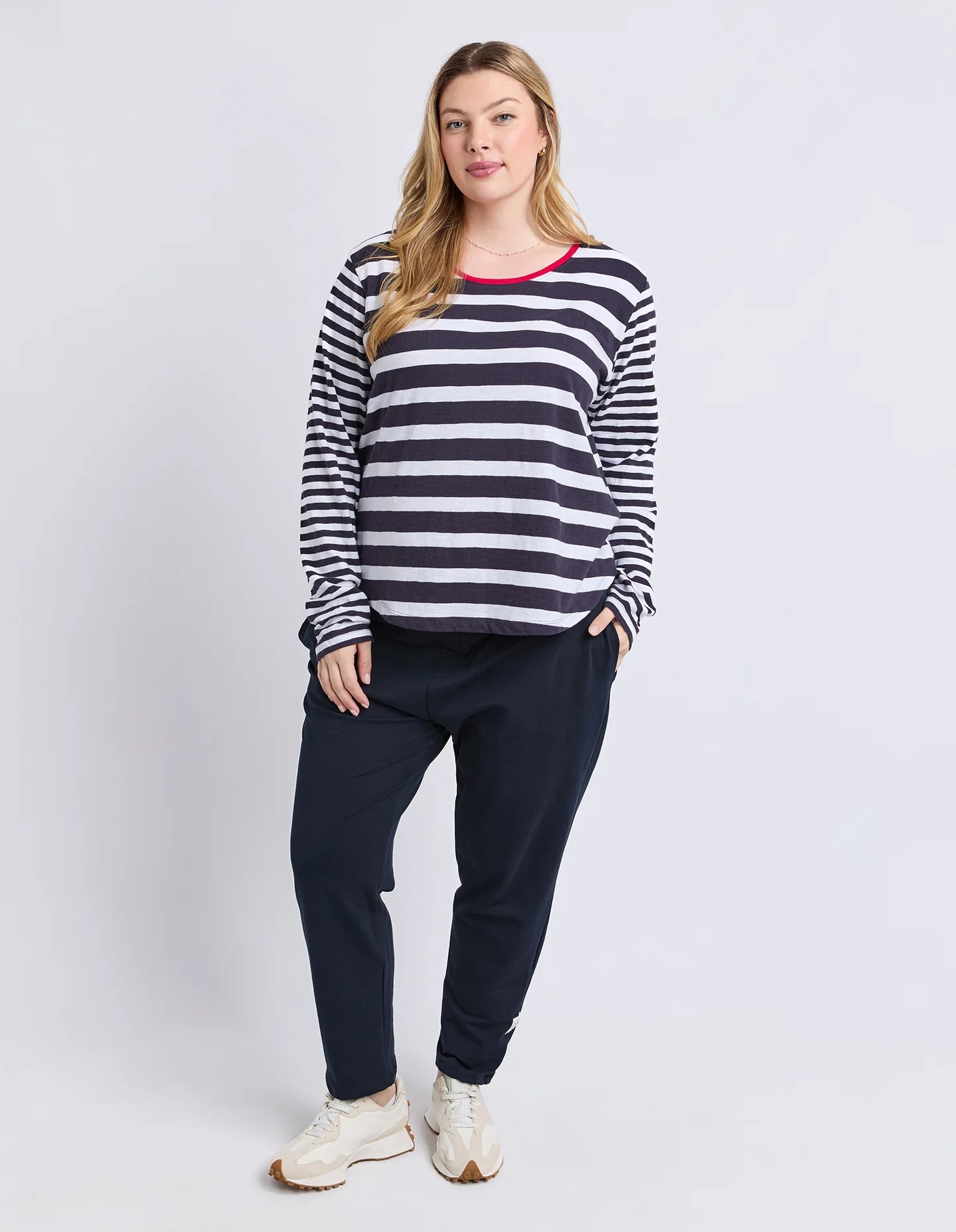 All Sorts Long Sleeve Top in Midnight/White with yarn-dyed stripes, an oversized fit, crew neckline and side splits.
