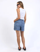 Chambray shorts in a soft blue wash with a relaxed fit and delicate fringe detail at the hem, perfect for casual summer wear.