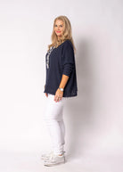 Arwyn Linen Blend Top in navy, a soft textured blouse with a relaxed fit and refined feminine detailing, suitable for both casual and smart styling.