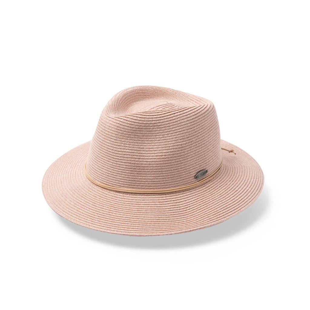 Avoca Flexibraid® fedora hat in Oatmeal with shallow crown, 6.5 cm short brim, raffia trim with wooden beads, and ComfyFit adjustable interior.
