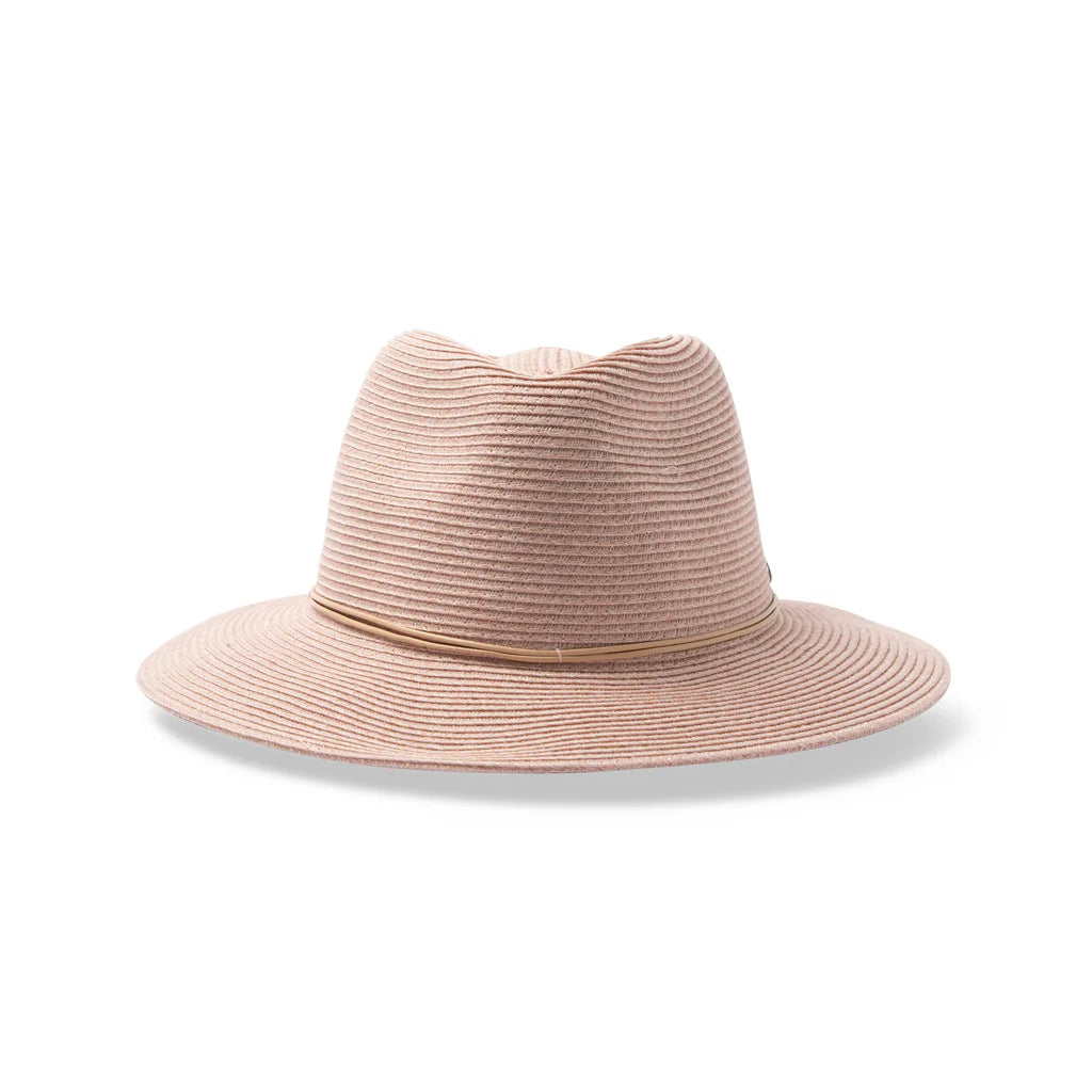 Avoca Flexibraid® fedora hat in Oatmeal with shallow crown, 6.5 cm short brim, raffia trim with wooden beads, and ComfyFit adjustable interior.
