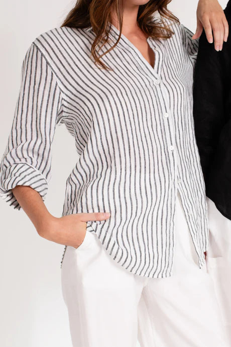 Boyfriend Linen Shirt - Black Yarn Dye Stripe, oversized fit, 100% Organic Belgian Linen, soft-washed for comfort. A breathable, timeless travel shirt.