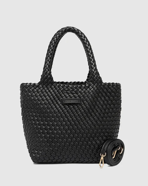 A stylish woven tote bag with top handles and an adjustable crossbody strap, perfect for effortless everyday elegance and versatility.