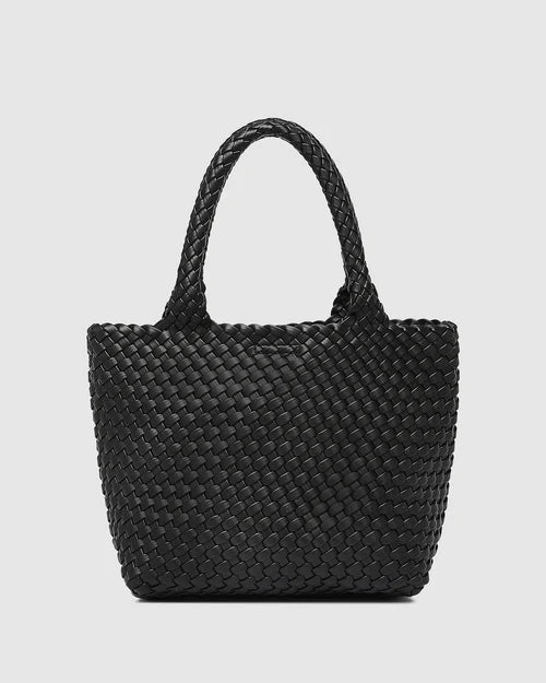 A stylish woven tote bag with top handles and an adjustable crossbody strap, perfect for effortless everyday elegance and versatility.