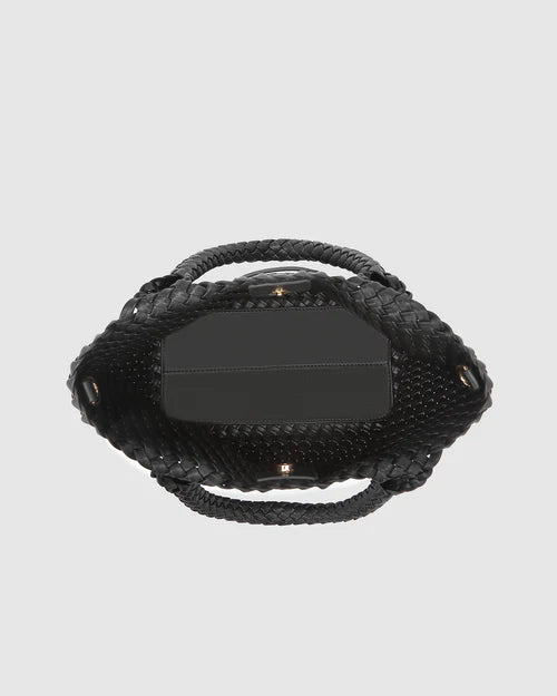 A stylish woven tote bag with top handles and an adjustable crossbody strap, perfect for effortless everyday elegance and versatility.