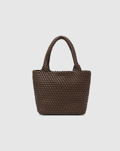A stylish woven tote bag with top handles and an adjustable crossbody strap, perfect for effortless everyday elegance and versatility.