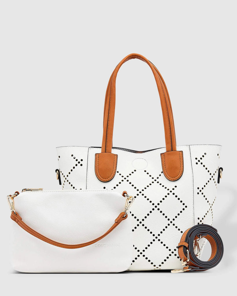 The White Baby Bermuda Handbag by LOUENHIDE is currently available from Rawspice Boutique.