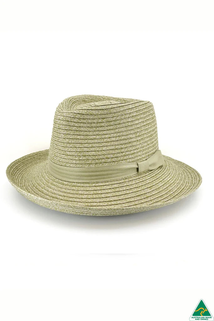 Banksia Flexibraid® Hat in green with reverse trilby shape, 8cm brim, 10cm crown, tonal ribbon, and ComfyFit adjustable internal band.
