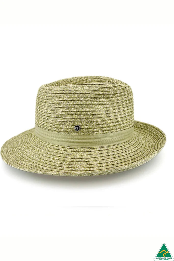 Banksia Flexibraid® Hat in green with reverse trilby shape, 8cm brim, 10cm crown, tonal ribbon, and ComfyFit adjustable internal band.
