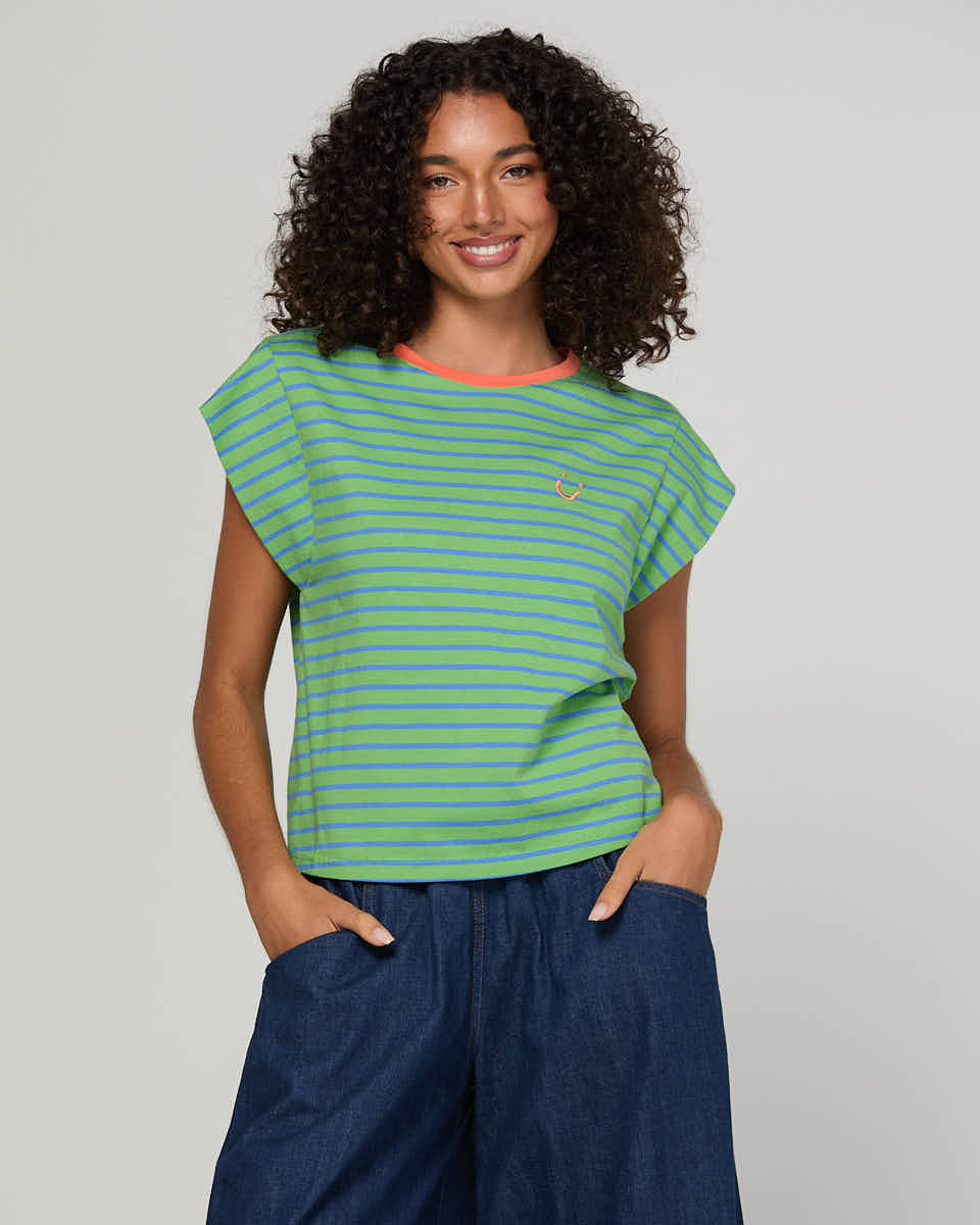 Boom Shankar Bellissimo Tee with blue stripes, chilli orange contrast neckline, cap sleeves and signature SMILE embroidery on the chest.