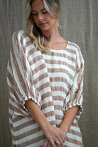 The Antique Rust & White Stripes Bella Top by Rustic Linen is available at Rawspice Boutique.