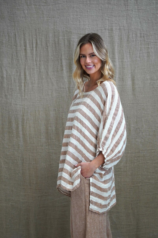 The Antique Rust & White Stripes Bella Top by Rustic Linen is available at Rawspice Boutique.