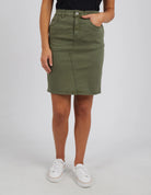 The Washed Khaki Belle Denim Skirt by Elm is available at Rawspice Boutique.