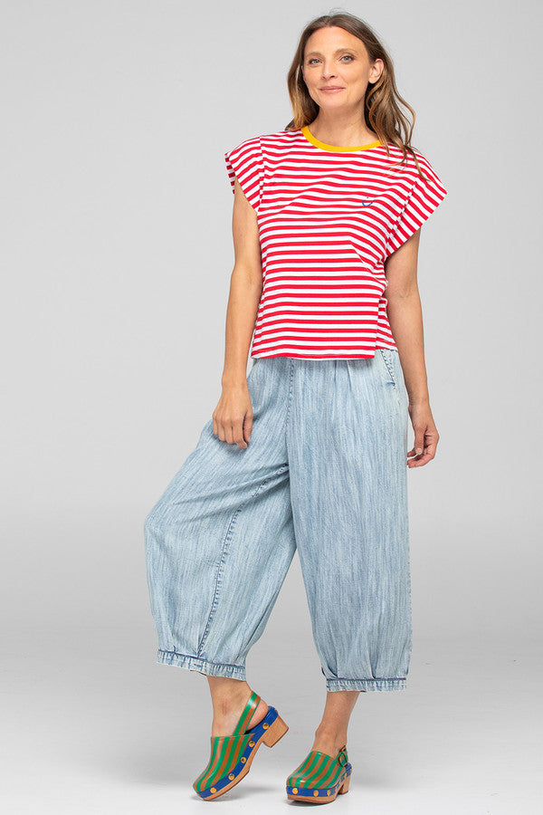 Red stripe Bellissimo Tee with a crew neckline, cap sleeves, underarm panel inserts, and embroidered Boom Shankar logo on the left chest.