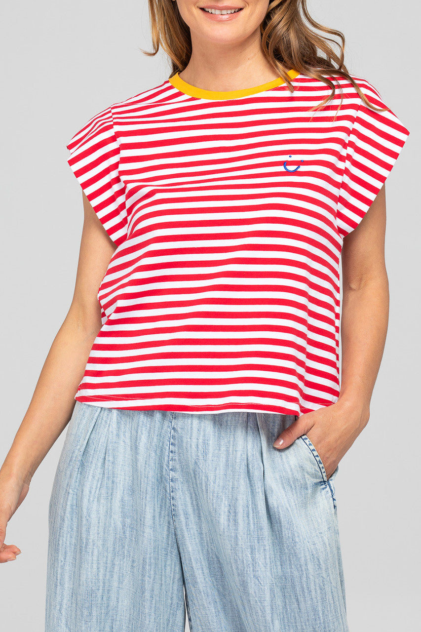 Red stripe Bellissimo Tee with a crew neckline, cap sleeves, underarm panel inserts, and embroidered Boom Shankar logo on the left chest.