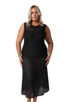 Black Maxi Mesh Dress – sleeveless, form-fitting longline beach cover-up with a high neckline, perfect for layering over swimwear by the beach or pool.