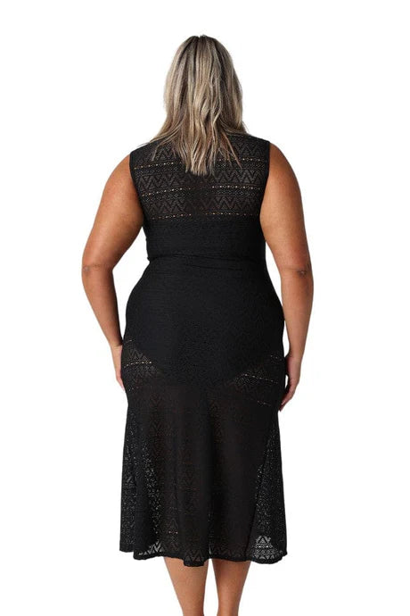 Black Maxi Mesh Dress – sleeveless, form-fitting longline beach cover-up with a high neckline, perfect for layering over swimwear by the beach or pool.