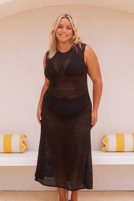 Black Maxi Mesh Dress – sleeveless, form-fitting longline beach cover-up with a high neckline, perfect for layering over swimwear by the beach or pool.