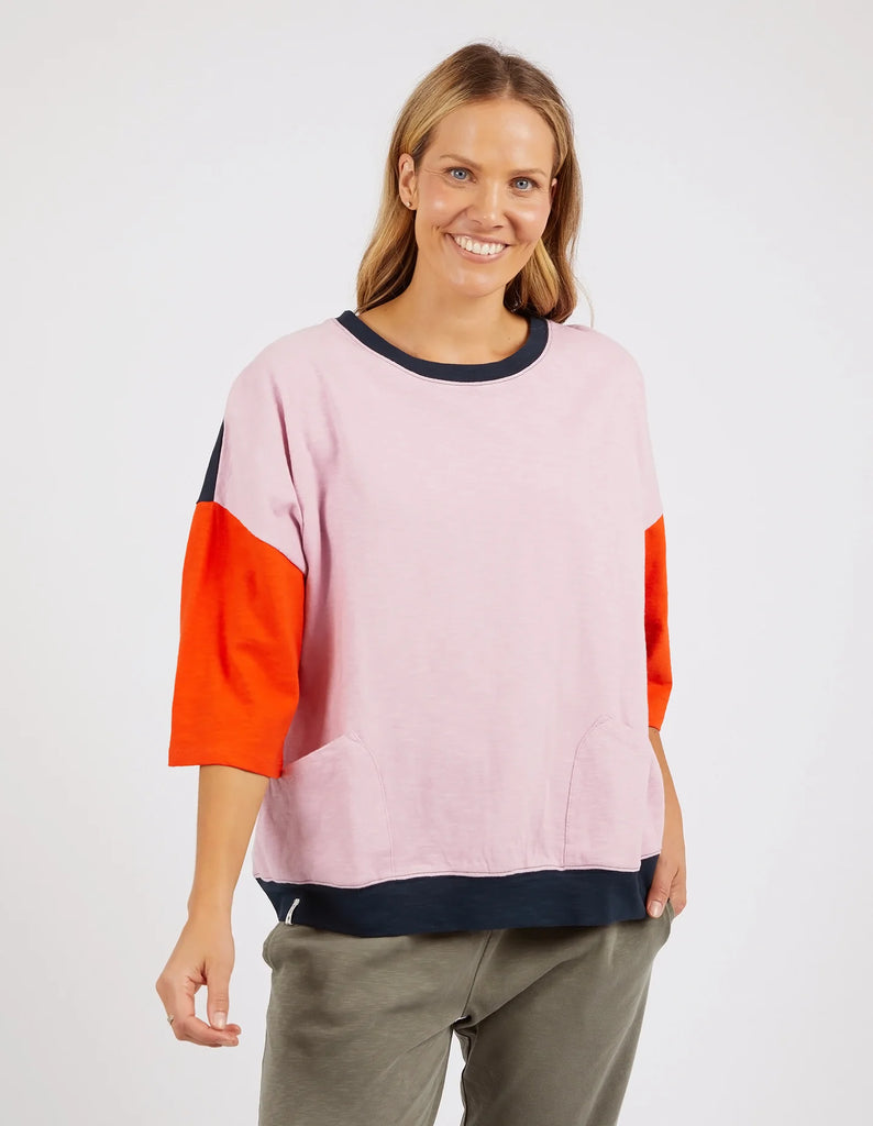 The Pink, Tangelo & Navy Mazie Colour Block Sweat by Elm is currently available at Rawspice Boutique. 