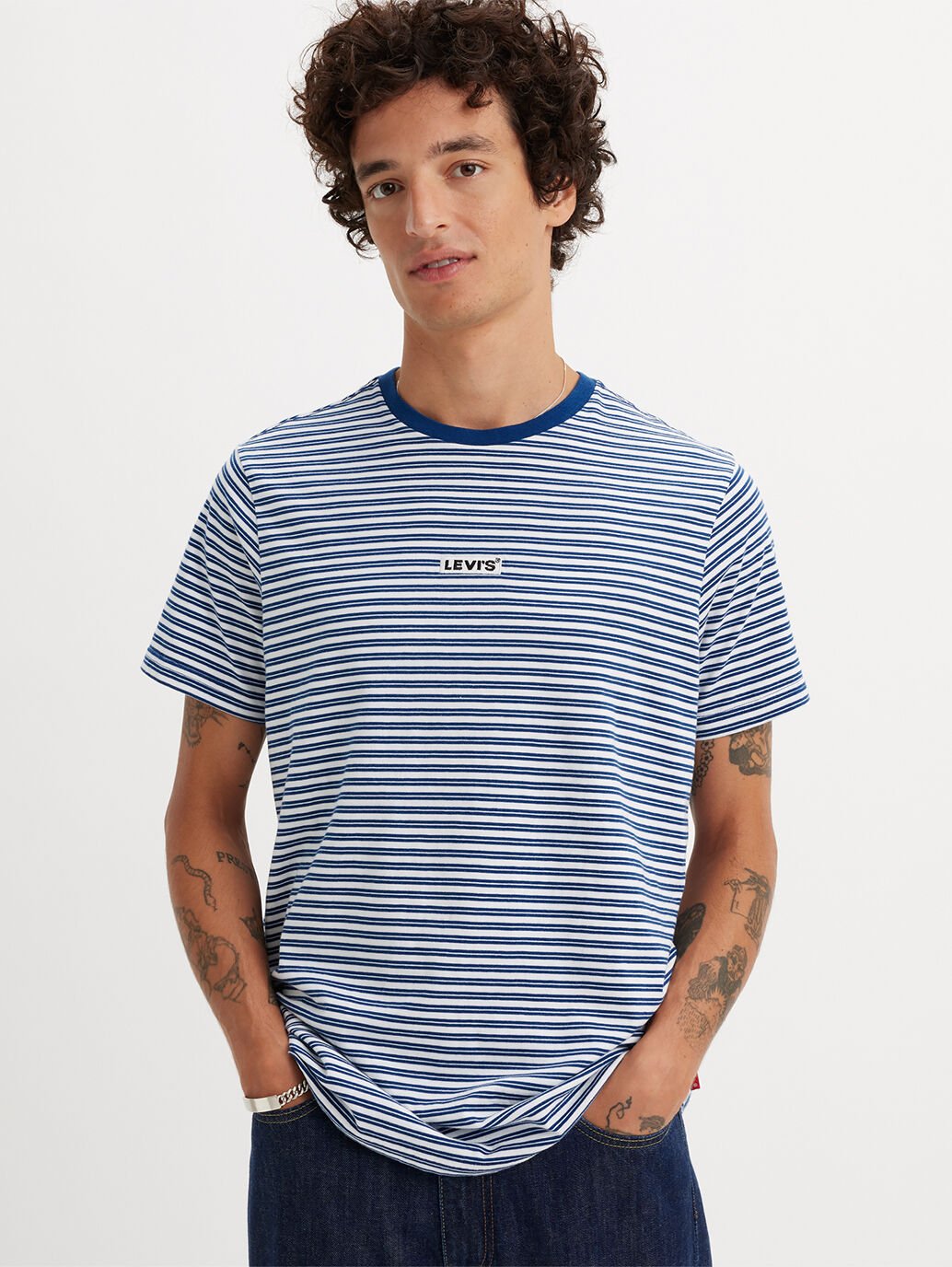 The Laguna Stripe Navy Peony Men's Relaxed Baby Tab Short-Sleeve T-Shirt by  Levi's is currently available at Rawspice Boutique.